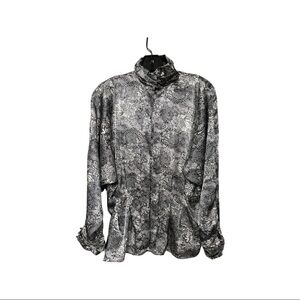 Tess Vintage long sleeve high button neck cinched/pleated waist silky blouse.